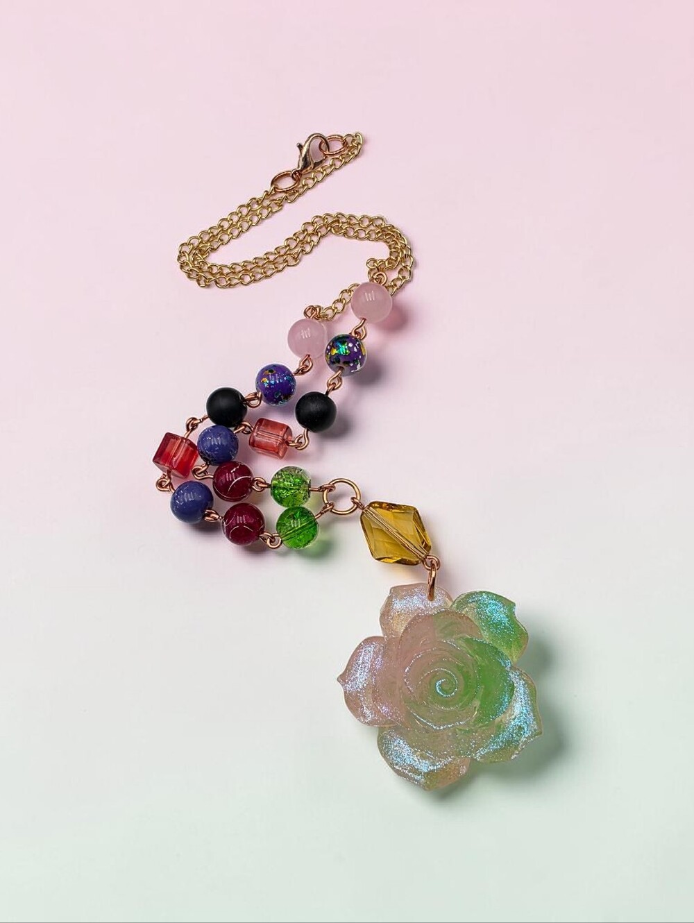 Multicolor Rose Pendant Necklace - Gold Chain Handmade
